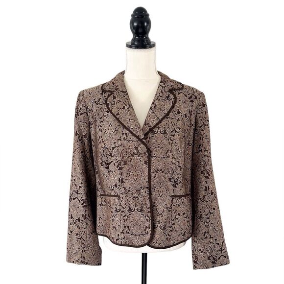 Liz Claiborne Women’s Brocade Brown and Tan Long Sleeve Blazer Size 14P - Picture 2 of 10